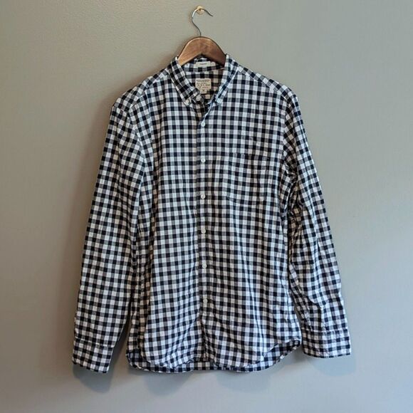 J.Crew Size Medium Check Shirt Black White Stretch Mens M Button Down Organic LS - Picture 1 of 5